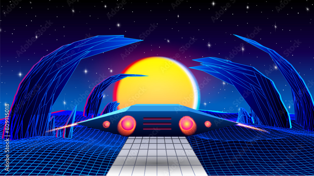 Poster spaceship flying over alien planet with ancient mountains and sun, in 80s gaming synthwave style