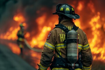 Fototapeta premium Firefighter ready in front of raging inferno