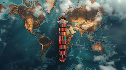 Cargo Ship on a Map-Themed Ocean Navigating Around Europe and Africa with Illuminated City Lights
