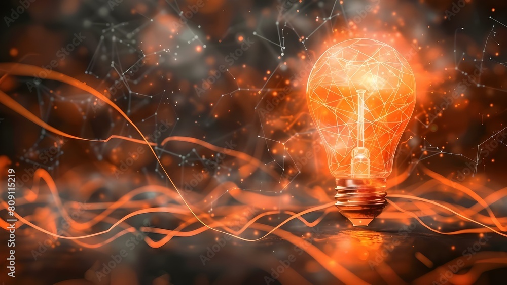 Poster illuminating a complex digital network: light bulb shape against dark tech background. concept digit
