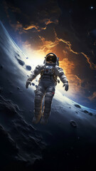 Fototapeta premium An astronaut floats in space near an asteroid with a glowing nebula in the background. Fantasy futuristic concept