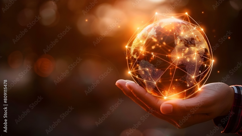 Poster cut handheld globe connection tech metaverse global network science innovation communication. concep