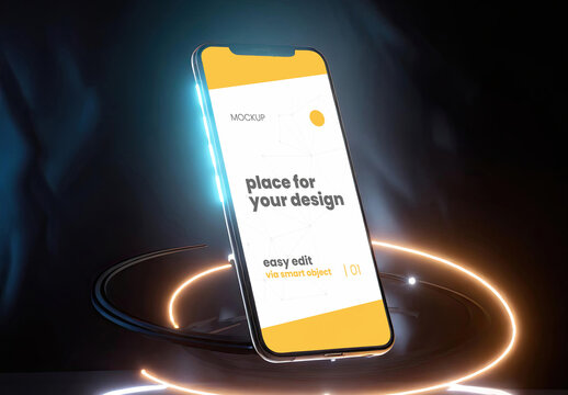 Cellphone floating with light color effects mockup 03 Generative Ai