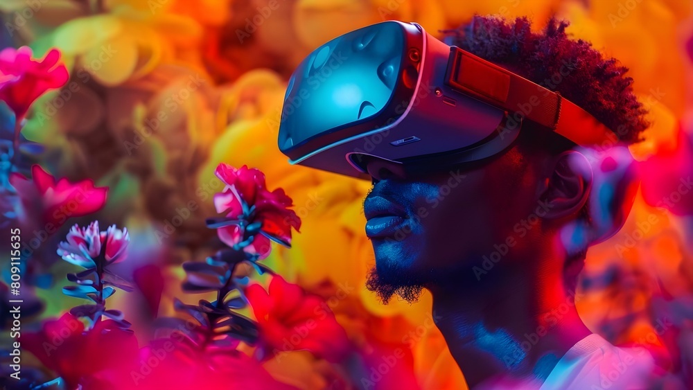 Poster man in vr headset exploring vibrant virtual reality world with colorful flowers. concept virtual rea