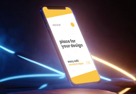 Cellphone floating with light color effects mockup 02 Generative Ai