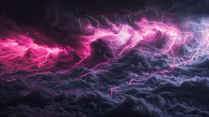 A dynamic and intense interaction of bright magenta and dark grey waves, clashing in a powerful display that captures the drama of an evening thunderstorm.