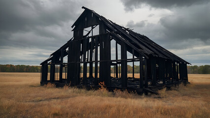 Abandoned Burnt-out house.  Family detached home completely destroyed by fire. Ruins of a house damaged by fire. Prevention of fire safety.