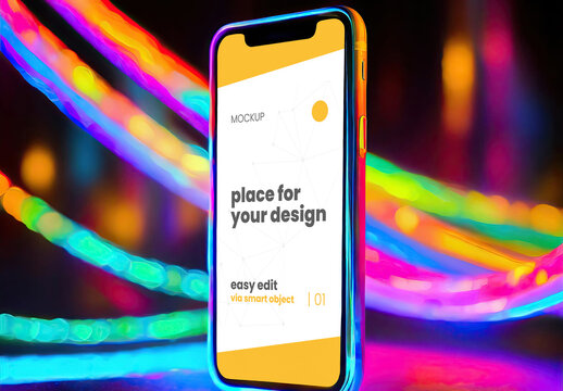 Cellphone floating with light color effects mockup 04 Generative Ai
