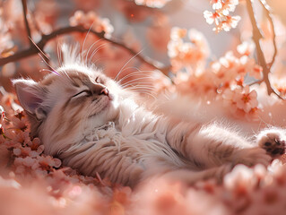 A kitten is sleeping on a bed of pink flower petals.