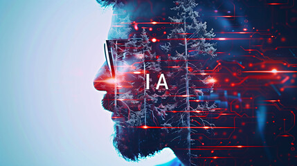 AI Illustration. Double exposure representation of a man portrait with AI microchip and nature. Artificial intelligence applications to conserve nature and environment.