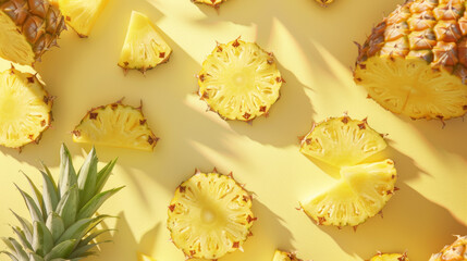 A close up of a yellow pineapple with a few slices missing