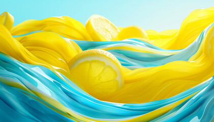 A lively and cheerful scene of lemon yellow and bright blue waves swirling together, creating a joyful and vibrant visual that mimics the exuberance of a sunny day.