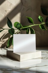 Mockup of a business card on a white background with green leaves