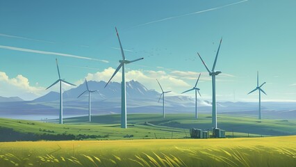 A field of wind turbines with a clear blue sky in the background. The turbines are spread out across the field, with some closer to the foreground and others further back