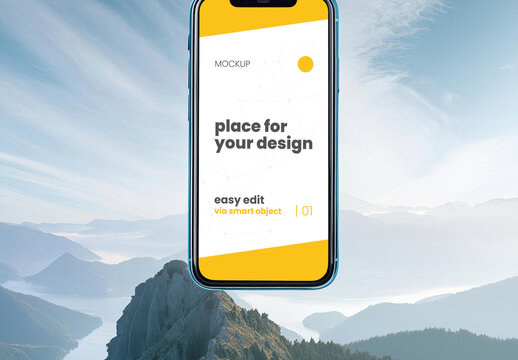 Cellphone floating with nature background mockup Generative Ai