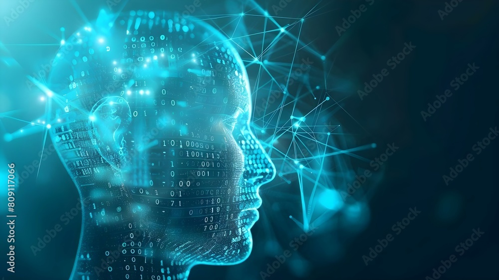 Poster digital human head profile with circuitry against dark background and binary code. concept digital a