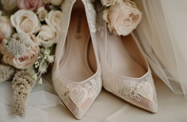 Elegant wedding shoes for brides, dreamy motifs, blur effect in the back