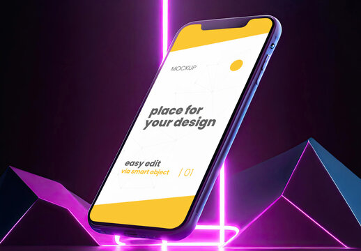 Cellphone on dark background with light color effects mockup 02 Generative Ai