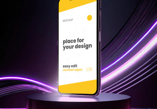 Cellphone in stand on dark background with light color effects mockup 03 Generative Ai
