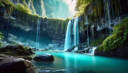 エメラルドグリーンの滝の風景