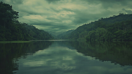 Photography of river water reflection and forest, dark with clouds. Landscapes photography.