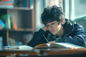 Pensive smart teenage boy taking notes, learning language, exam preparation, reading book in modern classroom. Back to school, education concept 