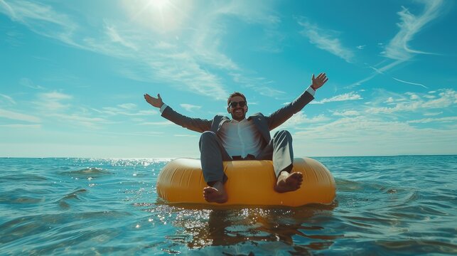 A man in a business suit with bare feet on an inflatable circle in the sea. An unforgettable summer vacation with adventures.