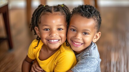 Serene Embrace: Two Children Hug on Wooden Floor