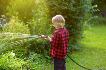 Cute boy watering plants and playing with garden hose with sprinkler in sunny backyard. Preschooler...