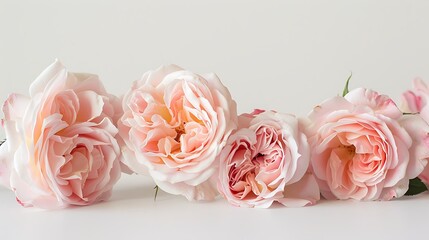 Cluster of pink roses photographed against a seamless white surface, their soft petals creating a serene atmosphere.