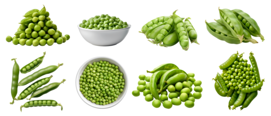 Green pea vegetable, many angles and view side top front cluster pile group isolated on transparent background cutout, PNG file. Mockup template for artwork graphic design
