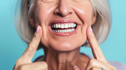 An elderly woman with gray hair joyfully points to her pearly white teeth and shows wide and bright smile, light background. Concept of successful dental cosmetic procedure, good oral hygiene