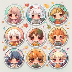 Circular Anime Character Stickers showcasing whimsical illustrations of anime characters