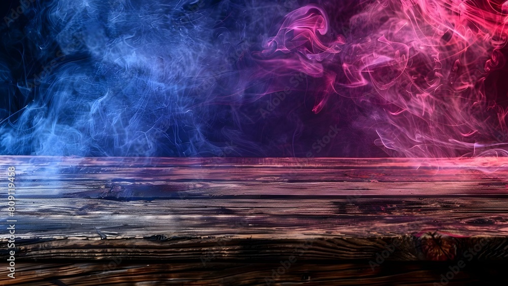 Poster empty rustic wooden table with smoky background perfect for displaying products. concept product dis