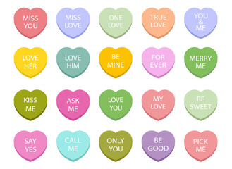 Sweet candy hearts.  Sweet heart candies, sweets valentines and conversation love hearts candies. Valentine day traditional treats. 