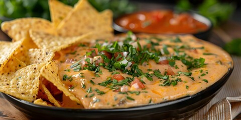 Plate of Mexican queso dip with corn tortilla chips spicy and cheesy. Concept Mexican cuisine, Queso dip, Corn tortilla chips, Spicy flavors, Cheesy goodness