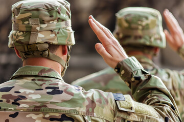Fototapeta premium Attention during a Memorial Day ceremony. Soldiers salute.