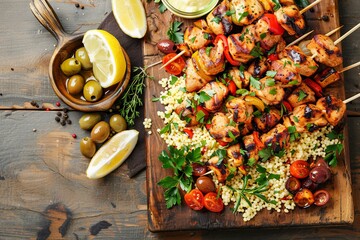 Top view of a vibrant chicken kebab platter with couscous, olives, and lemon wedges, laid out on a...
