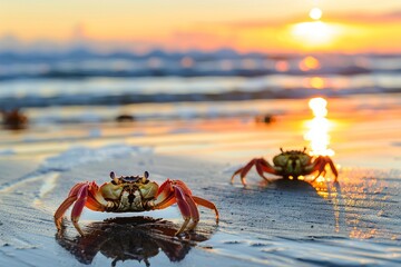 Crabs scuttling on a sandy beach at low tide. Waves and sunrise background.