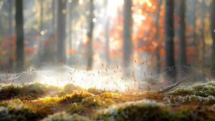 Obraz premium Morning light filtering through a tranquil forest, illuminating moss-covered ground and spider webs. Concept Nature Photography, Forest Scenes, Sunlight Streaming, Mossy Ground, Spider Webs
