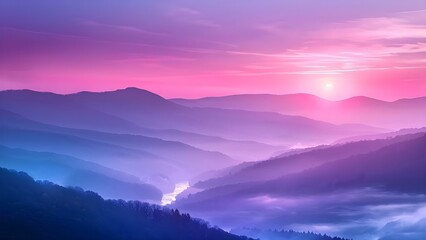 Sunrise in the Smoky Mountains: A Palette of Pink and Purple with a River in the Valley. Concept Nature Photography, Mountain Landscapes, Sunrise Colors, River Scenery, Smoky Mountains