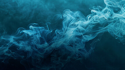 Smoke billowing in a pattern that mimics the rolling waves of the ocean, in shades of dark blue and aqua, set against a deep sea-blue background.