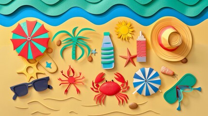 This is a beach scene. There is a blue sea with white waves, and sand that is covered in various beach items. paper cut style.