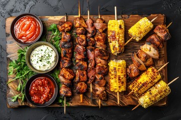 Flat lay of a wooden serving board filled with chicken kebab skewers, corn on the cob, and dipping...