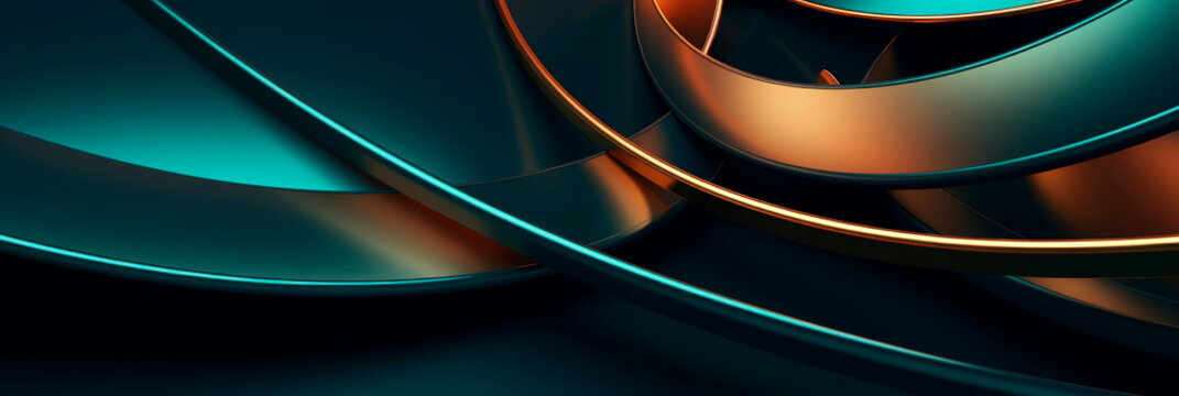 Abstract overlapping circles in various metallic finishes copper, brass, and bronze against a dark teal background.