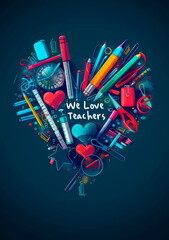A heart made out of school supplies such as rulers, protractors, pens, and highlighters, with a We Love Our Teachers message.