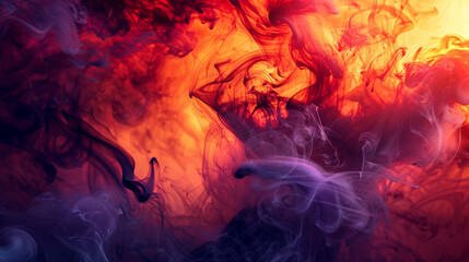Smoke swirling in a fusion of sunset colors--deep red, orange, and purple--creating a dynamic, dramatic backdrop.
