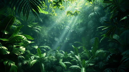 Fototapeta premium A lush green jungle with sunlight shining through the trees