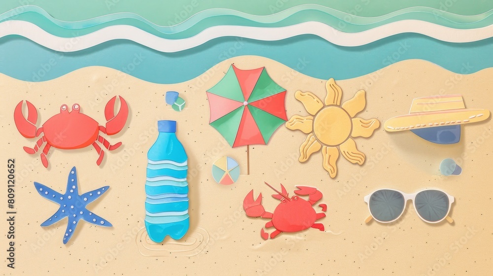 Fototapete summer background with starfish and shells this is a beach scene made of paper cut.