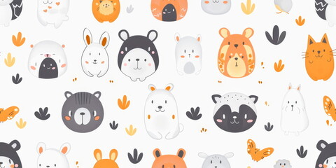 playful patterns of cute and simple animals that repeat in adorable patterns on a white background.